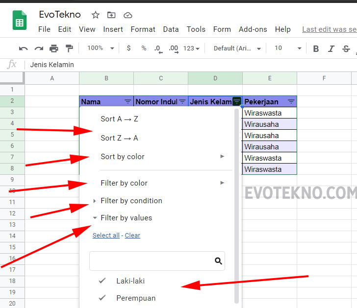 Cara Mudah Filter Dan Sortir Di Google Spreadsheet Evotekno