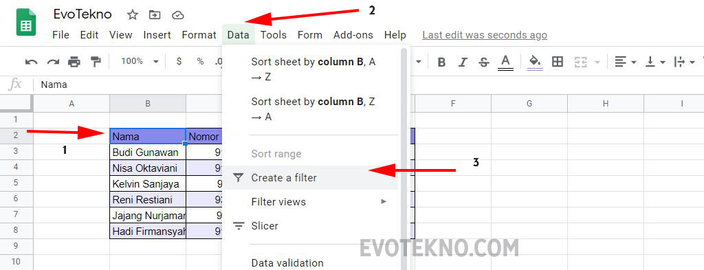 Cara Mudah Filter Dan Sortir Di Google Spreadsheet Evotekno