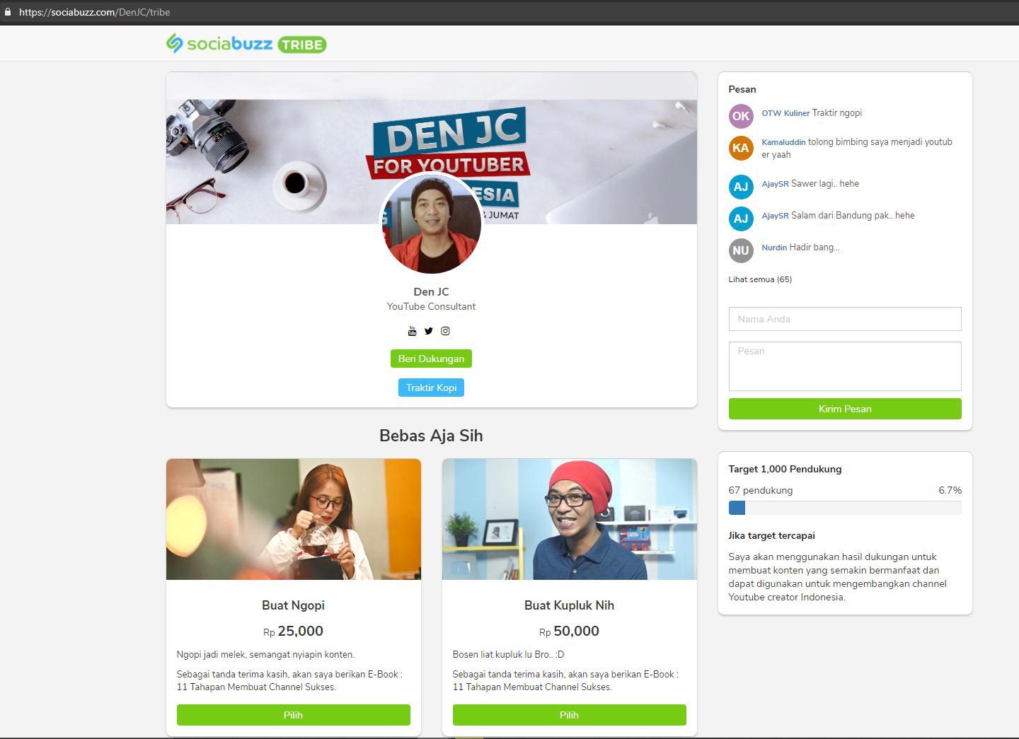 Contoh Halaman Donasi Den JC di SociaBuzz