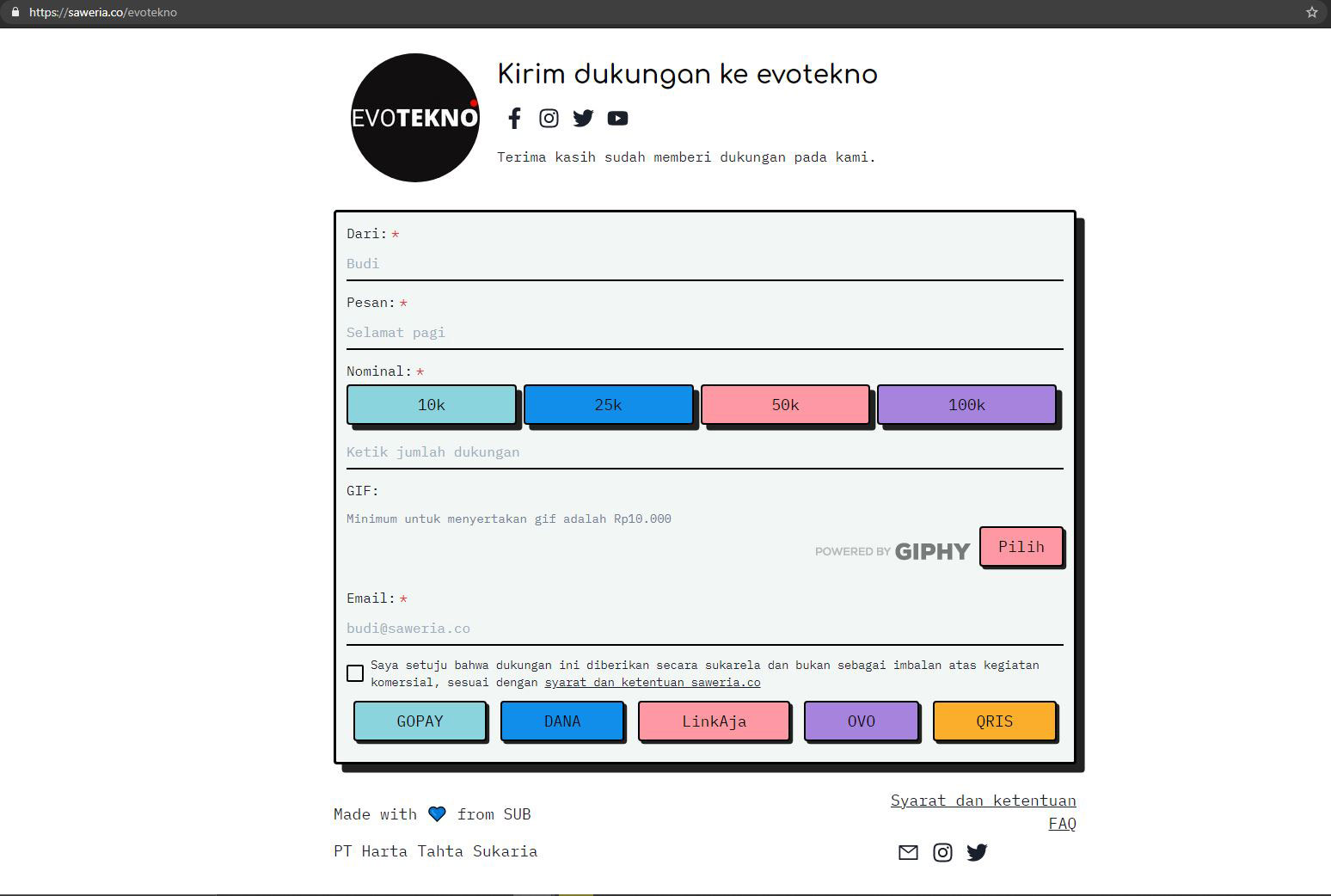 Contoh Halaman Donasi EvoTekno di Saweria.co