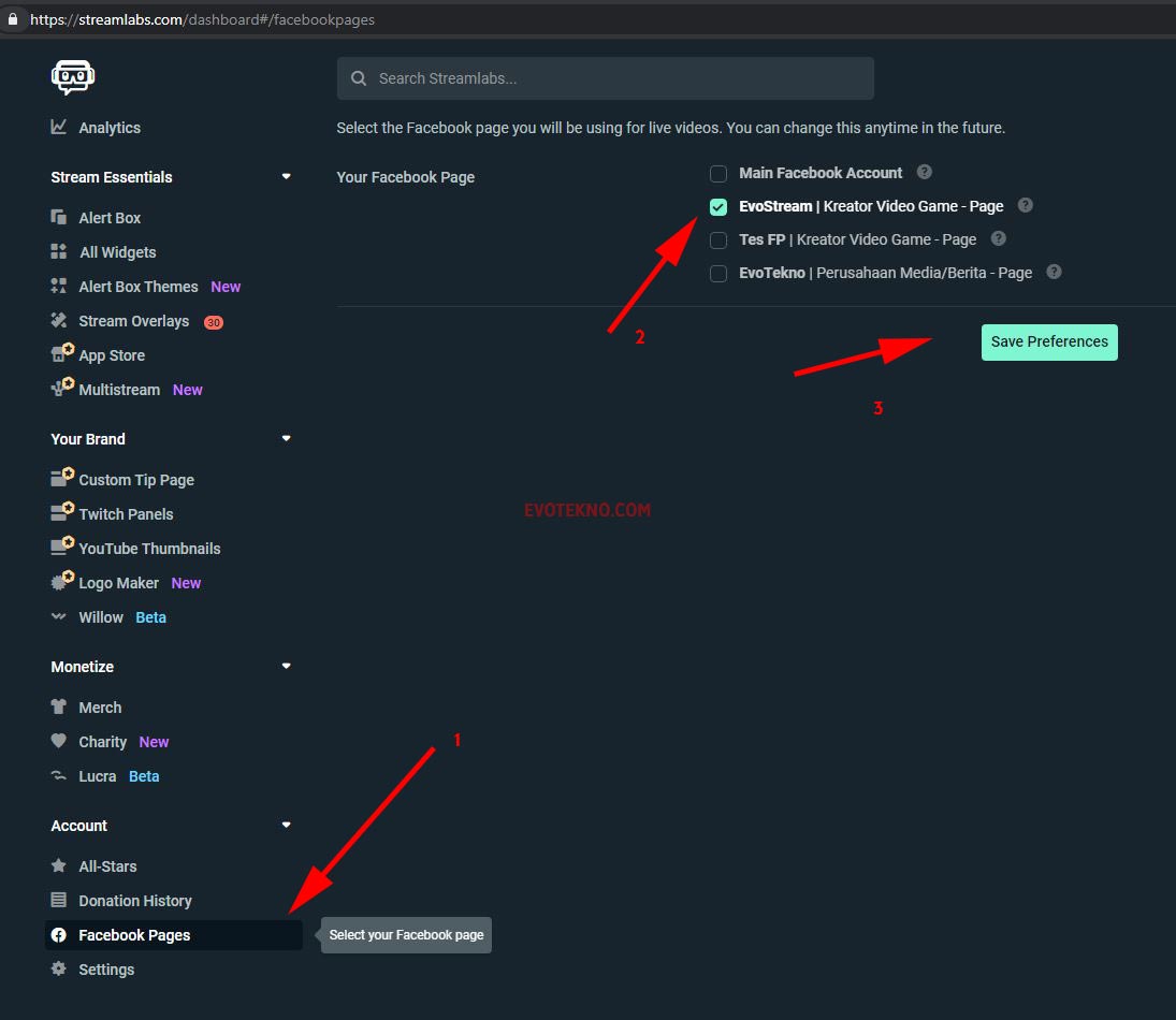 Dashboard Streamlabs - Facebok Pages - Pilih halaman yang aktif