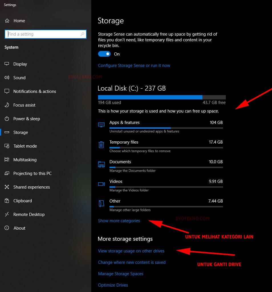 Menu utama Storage di Windows 10