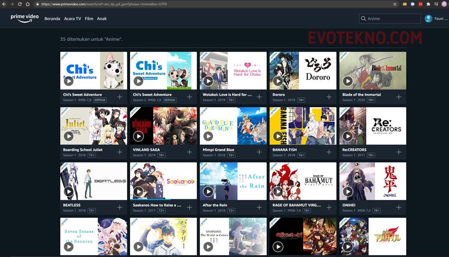 halaman genre Anime di Prime Video