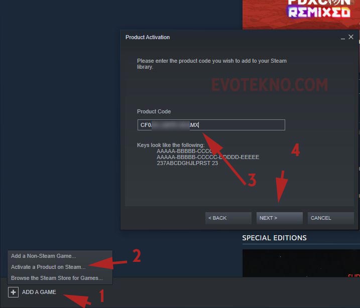 Add A Game - Activate a Product on Steam - Product Code