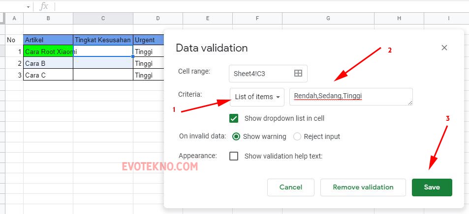 Data validation - list of items - Google Spreadsheet