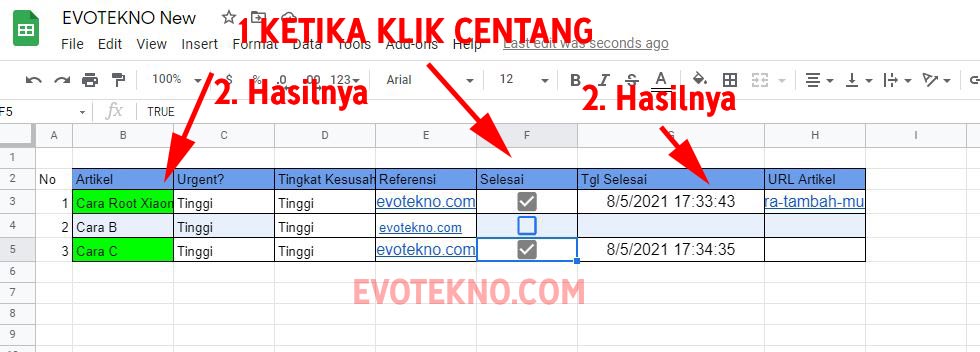 Hasil - Checkbox - conditional formating - timestamp