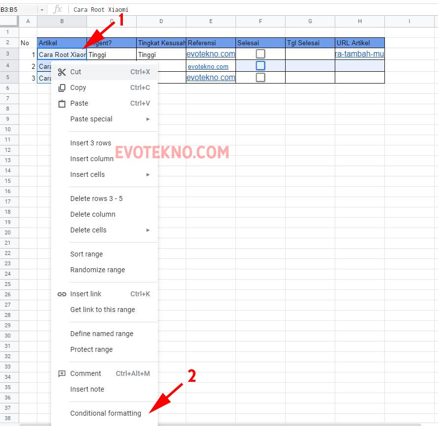 Select kolom - Conditional formating - Google Spreadsheet