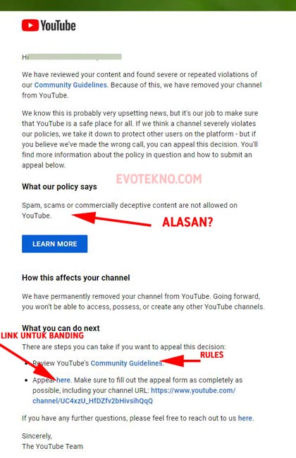 Email channel youtube di hapus