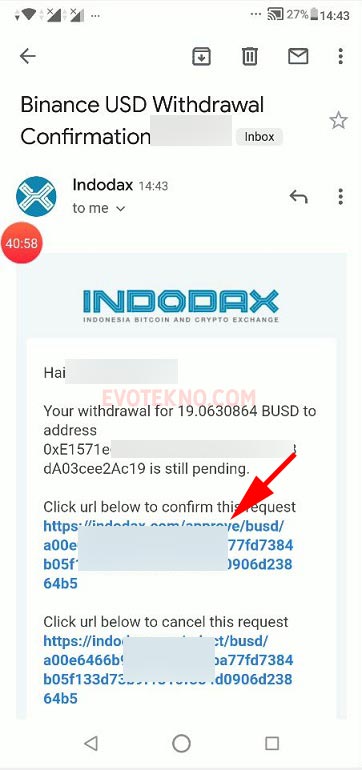 Verifikasi E-mail Transfer Indodax