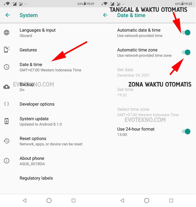Android - Settings - System - Date & Time - Automatic
