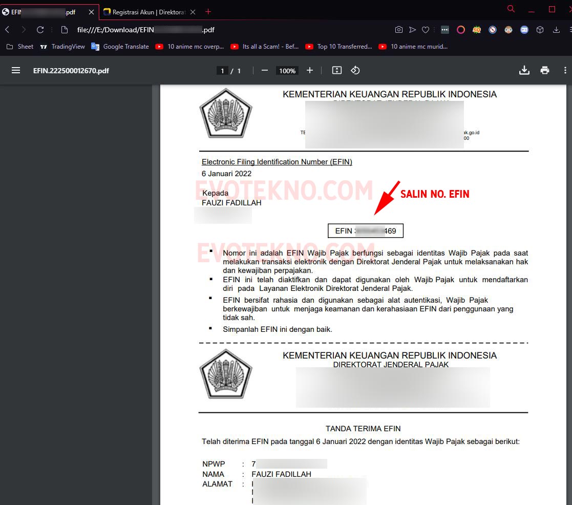 Surat Tanda Terima EFIN format pdf