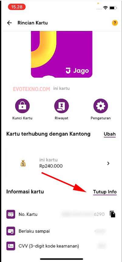 Klik lihat info untuk lihat nomor kartu debit