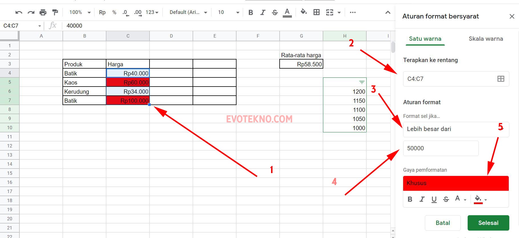Conditional formating - lebih besar dari - Google Sheets