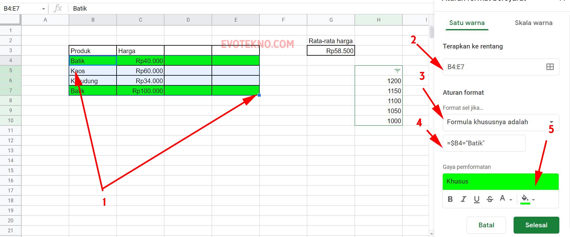 Warna conditional formating ke samping - Google sheets