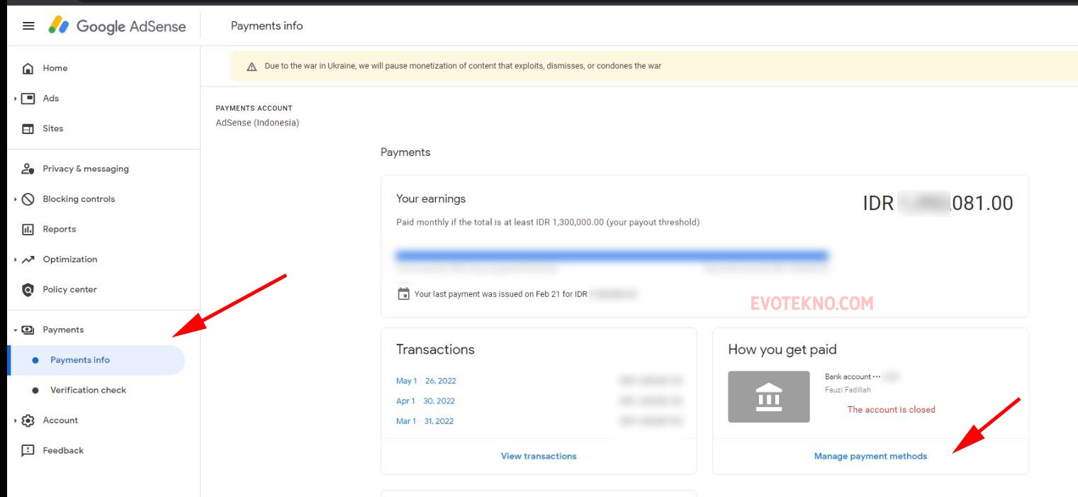Payments - Manage payment Method Google AdSense