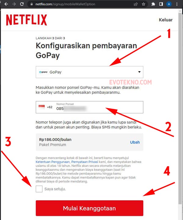 masukan nomor telepon - berlangganan netflix - gopay