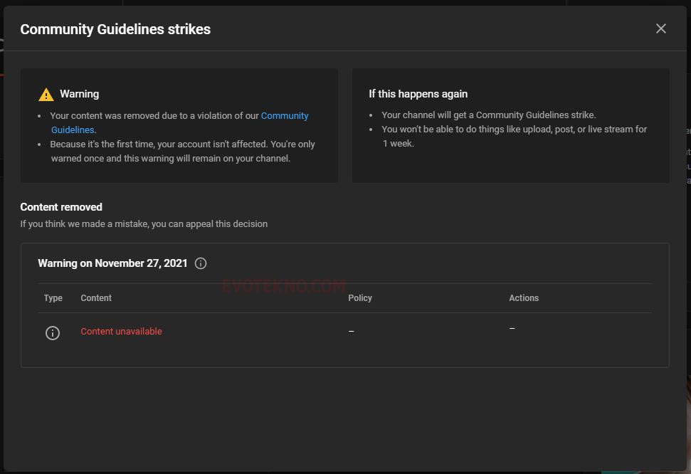 Warning Strike YouTube Studio