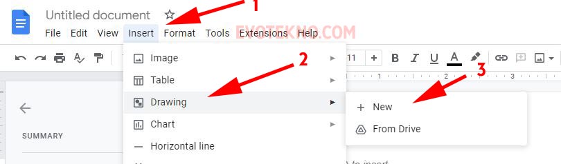 Insert - Drawing - New - Google Docs