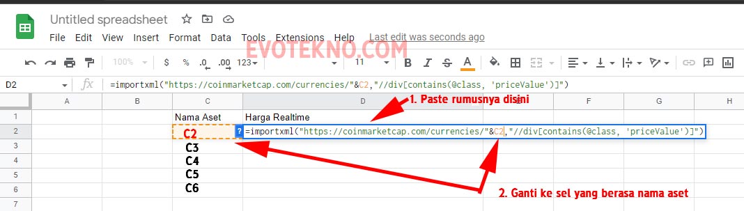 Paste Rumus Harga Crypto Realtime - Otomatis - Google Sheets