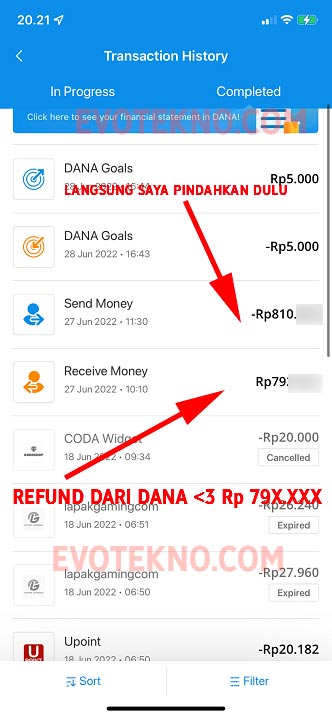 Riwayat Transaksi Saldo DANA Sudah di kembalikan
