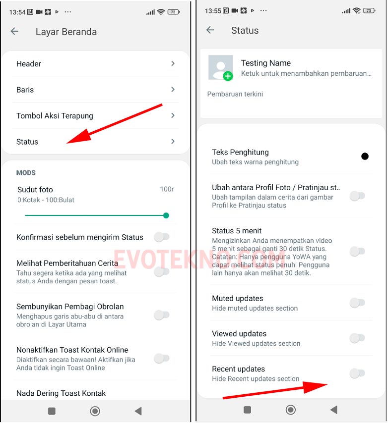 GB Settings - Layar Beranda - Status - Recent Update - WhatsApp Mod