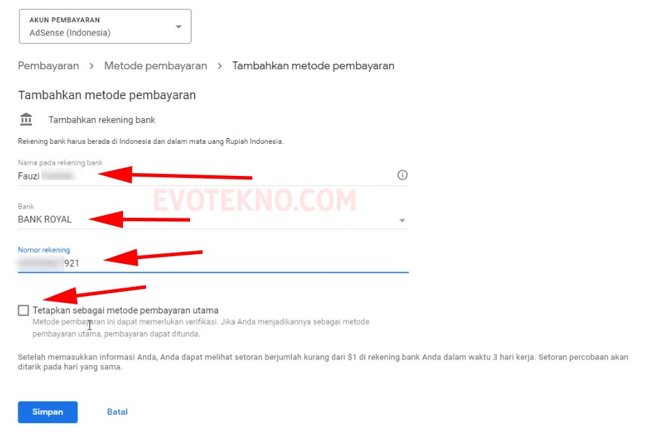 Nama - Bank Royal - Google Adsense Blu BCA
