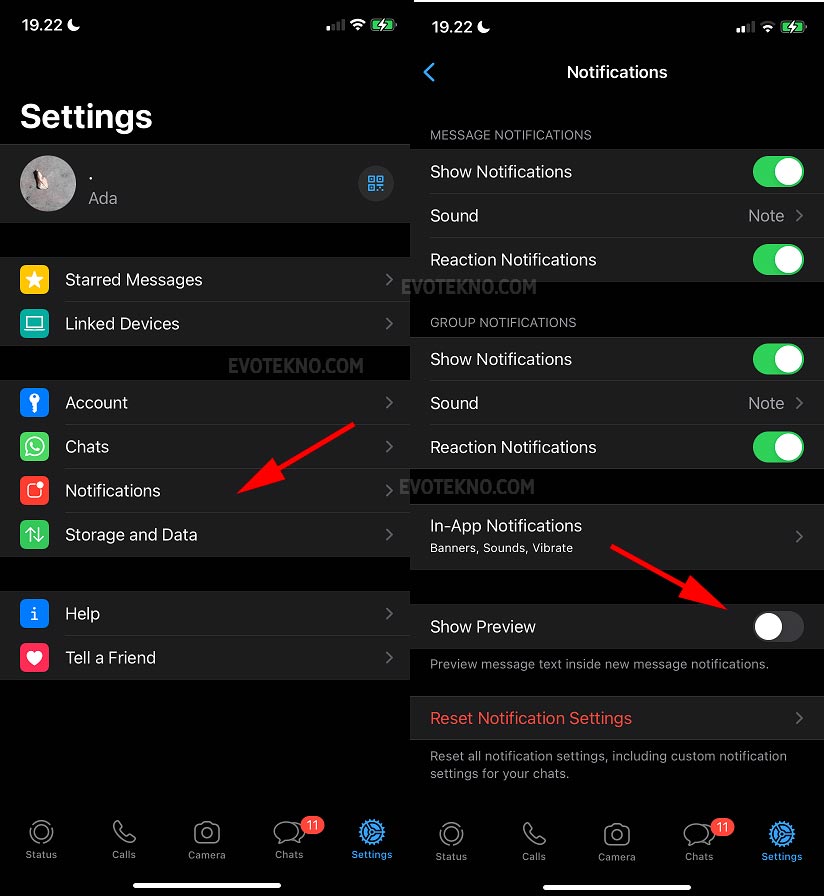 WhatsApp - Notifications - Disable Show Preview iPhone iOS
