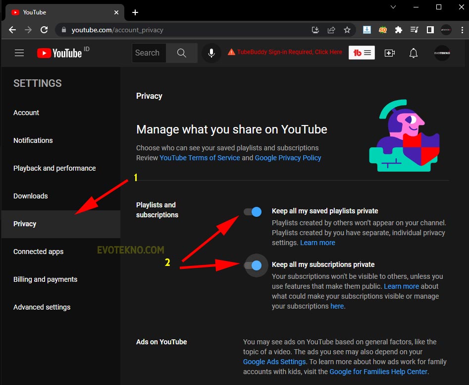 YouTube - Settings - Privacy - Keep all my subscriptions private