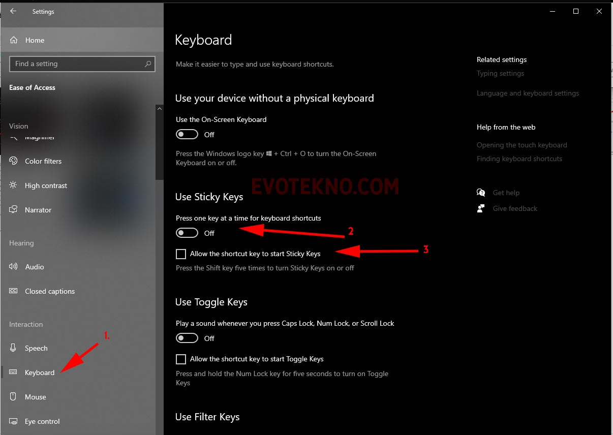 Windows 10 - Settings - Keyboard - Use Sticky Keys