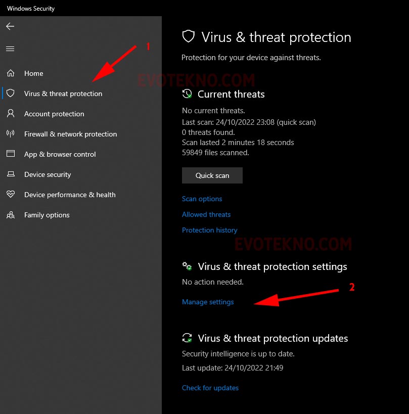 windows security - virus & threat protection - manage settings