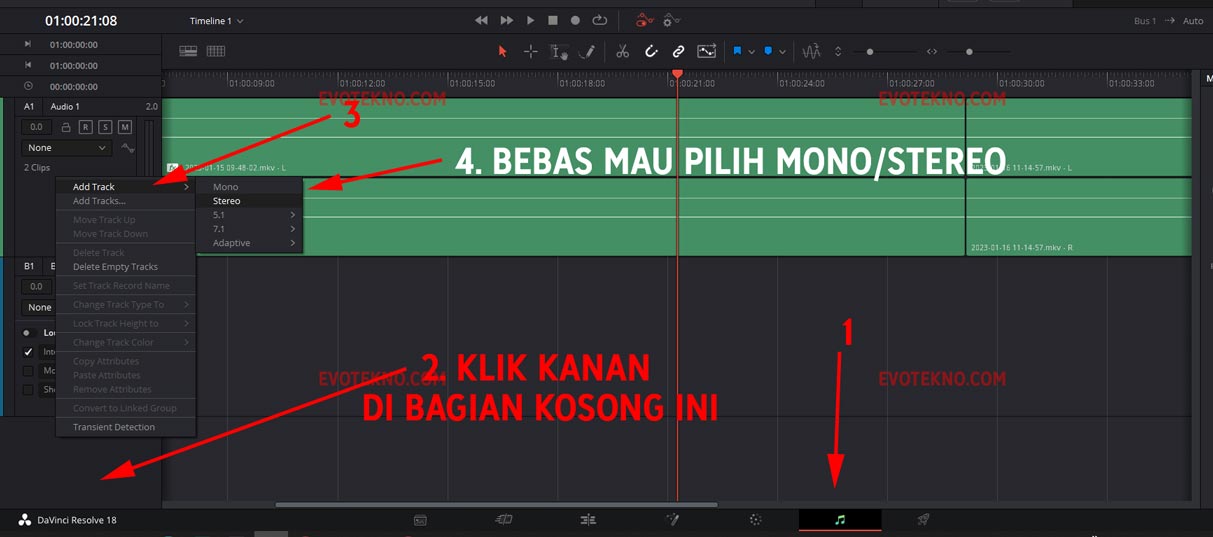 Add Track Stereo Mono - Davinci Resolve